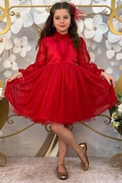 Kız Çocuk Yakası Şal Detaylı Sıfır Yaka Kollarında Yırtmaç Detaylı Simli Kırmızı Abiye