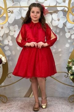 Kız Çocuk Yakası Şal Detaylı Sıfır Yaka Kollarında Yırtmaç Detaylı Simli Kırmızı Abiye