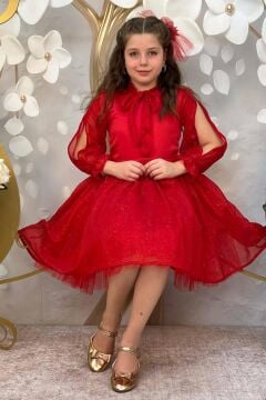 Kız Çocuk Yakası Şal Detaylı Sıfır Yaka Kollarında Yırtmaç Detaylı Simli Kırmızı Abiye