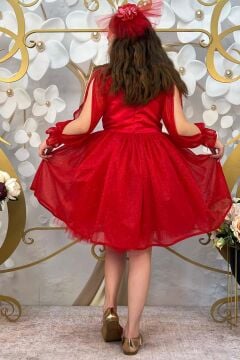 Kız Çocuk Yakası Şal Detaylı Sıfır Yaka Kollarında Yırtmaç Detaylı Simli Kırmızı Abiye