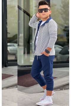 Erkek Çocuk Su Yolu Çizgili Ceket Penye Kazak 2 İplik Pantolon Lacivert Alt Üst Takım