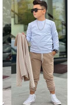Erkek Çocuk Su Yolu Çizgili Ceket Penye Kazak 2 İplik Pantolon Krem Alt Üst Takım