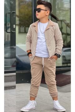 Erkek Çocuk Su Yolu Çizgili Ceket Penye Kazak 2 İplik Pantolon Krem Alt Üst Takım