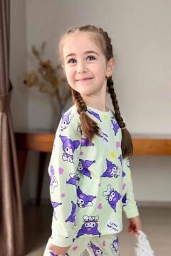 Kız Çocuk Kuromi Karakter Baskılı Açık Yeşil Pijama Takımı