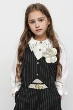 Kız Çocuk Gömlek Yakalı ve Taş Detaylı Gömlek, Çizgi Detaylı Siyah Alt Üst Takım