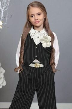 Kız Çocuk Gömlek Yakalı ve Taş Detaylı Gömlek, Çizgi Detaylı Siyah Alt Üst Takım