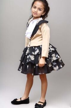 Kız Çocuk Çiçek Desenli KatKat, Atlas Kumaş Etek Bej Ceket Etekli Takım