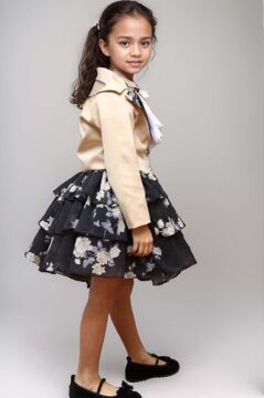Kız Çocuk Çiçek Desenli KatKat, Atlas Kumaş Etek Bej Ceket Etekli Takım