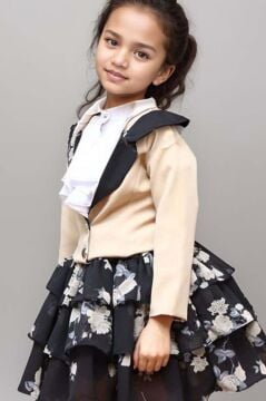 Kız Çocuk Çiçek Desenli KatKat, Atlas Kumaş Etek Bej Ceket Etekli Takım