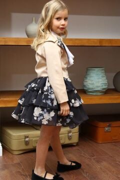 Kız Çocuk Çiçek Desenli KatKat, Atlas Kumaş Etek Bej Ceket Etekli Takım