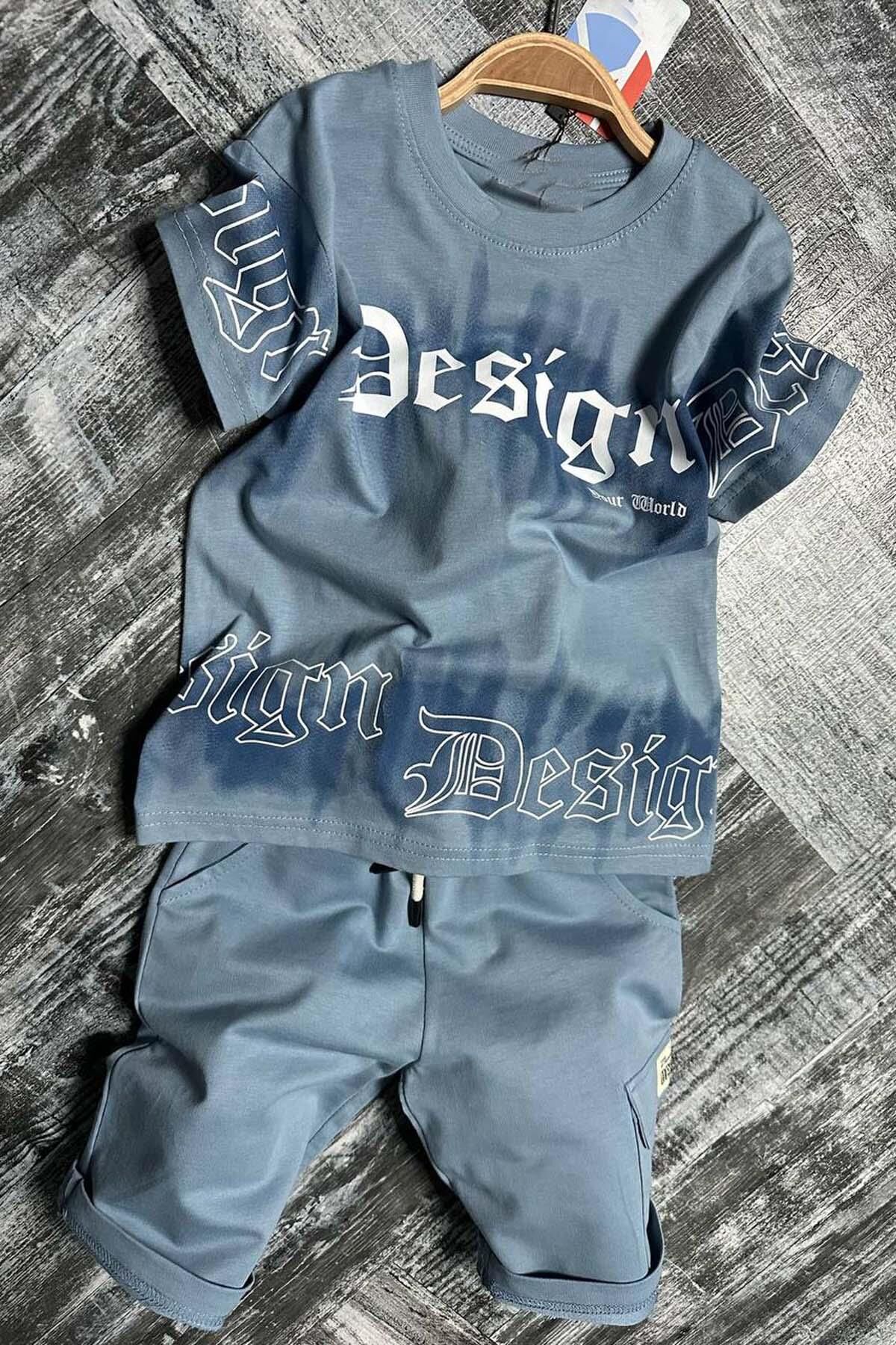 Erkek Çocuk Bisiklet Yaka Gradyan Renk Geçişli Design Mavi Şortlu Takım