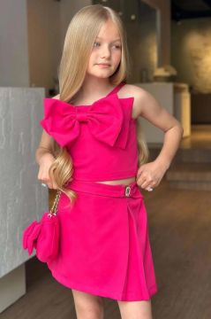 Kız Çocuk Fiyonk Detaylı İp Askılı Fuşya Şortlu Takım