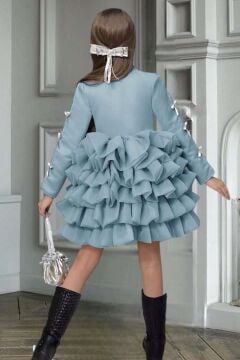 Kız Çocuk V Yaka Kesim Kolları Kurdele Detaylı Kat Kat Kumaş Kabarık Savoy Mavisi Abiye