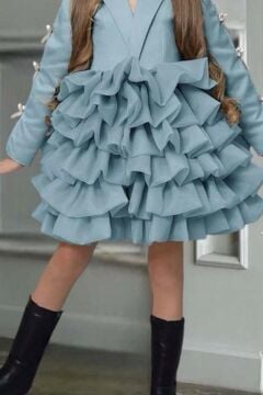 Kız Çocuk V Yaka Kesim Kolları Kurdele Detaylı Kat Kat Kumaş Kabarık Savoy Mavisi Abiye