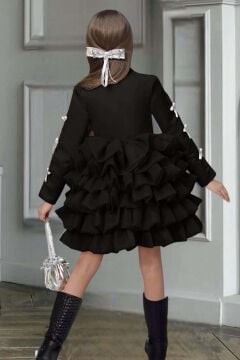 Kız Çocuk V Yaka Kesim Kolları Kurdele Detaylı Kat Kat Kumaş Kabarık Siyah Abiye