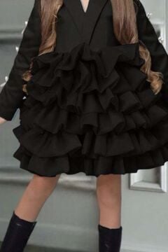 Kız Çocuk V Yaka Kesim Kolları Kurdele Detaylı Kat Kat Kumaş Kabarık Siyah Abiye