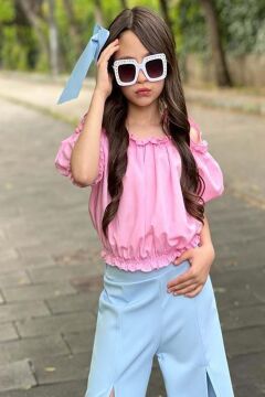 Kız Çocuk Düşük Omuzlu Göğsü ve Beli Manşetli Crop ve Yırtmaç Detaylı Pembe Alt Üst Takım