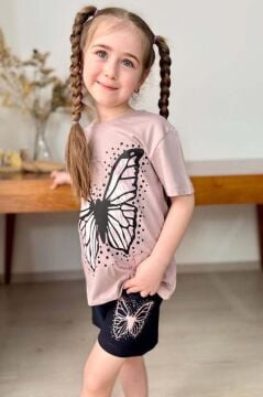Kız Çocuk Kara Kalem Kelebek Baskılı Penye Pudra T-Shirt Şortlu Takım