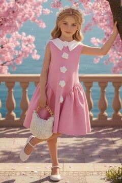 Kız Çocuk Bebe Yakalı Boydan Gül İşlemeli Eteği Asimetrik Kesim Kolsuz Pembe Elbise