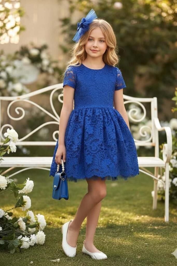 Kız Çocuk Üzeri Dantel İşlemeli İçi Astarlı Simli Mavi Abiye