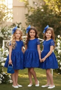 Kız Çocuk Üzeri Dantel İşlemeli İçi Astarlı Simli Mavi Abiye