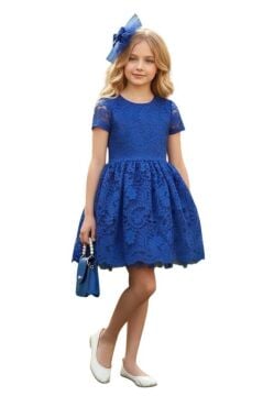 Kız Çocuk Üzeri Dantel İşlemeli İçi Astarlı Simli Mavi Abiye