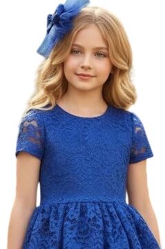 Kız Çocuk Üzeri Dantel İşlemeli İçi Astarlı Simli Mavi Abiye