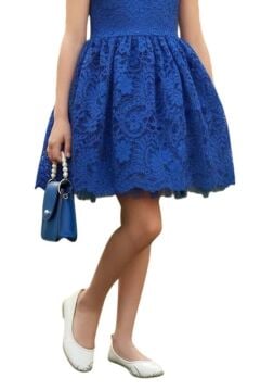 Kız Çocuk Üzeri Dantel İşlemeli İçi Astarlı Simli Mavi Abiye