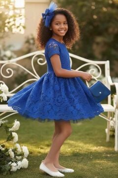 Kız Çocuk Üzeri Dantel İşlemeli İçi Astarlı Simli Mavi Abiye