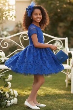 Kız Çocuk Üzeri Dantel İşlemeli İçi Astarlı Simli Mavi Abiye