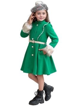 Kız Çocuk Kazayağı Desen Elbise Kolları Peluş ve Omuzları İnci İşleme Kemerli Yeşil Kaşe Kaban