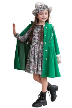 Kız Çocuk Kazayağı Desen Elbise Kolları Peluş ve Omuzları İnci İşleme Kemerli Yeşil Kaşe Kaban