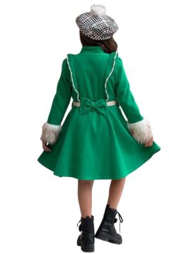 Kız Çocuk Kazayağı Desen Elbise Kolları Peluş ve Omuzları İnci İşleme Kemerli Yeşil Kaşe Kaban