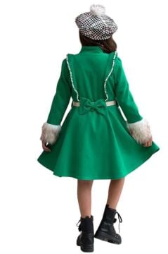 Kız Çocuk Kazayağı Desen Elbise Kolları Peluş ve Omuzları İnci İşleme Kemerli Yeşil Kaşe Kaban