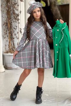 Kız Çocuk Kazayağı Desen Elbise Kolları Peluş ve Omuzları İnci İşleme Kemerli Yeşil Kaşe Kaban