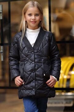 Kız Çocuk Yakası Şerit ve Üzeri Kare Dikiş Detaylı Cepli Çıtçıt Düğme Şişme Siyah Mont