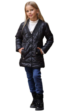 Kız Çocuk Yakası Şerit ve Üzeri Kare Dikiş Detaylı Cepli Çıtçıt Düğme Şişme Siyah Mont