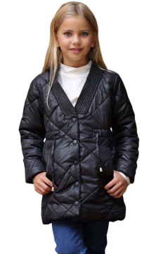 Kız Çocuk Yakası Şerit ve Üzeri Kare Dikiş Detaylı Cepli Çıtçıt Düğme Şişme Siyah Mont