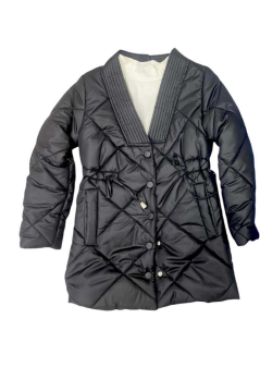 Kız Çocuk Yakası Şerit ve Üzeri Kare Dikiş Detaylı Cepli Çıtçıt Düğme Şişme Siyah Mont