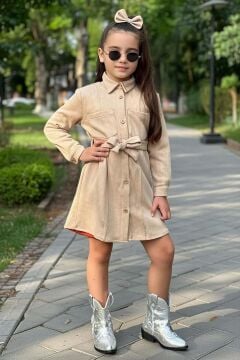 Kız Çocuk Göğsü Çift Cep Detaylı Kemerli Nubuk Kaşe Bisiklet Yaka Fitilli Elbise