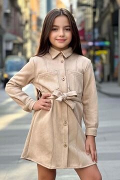 Kız Çocuk Göğsü Çift Cep Detaylı Kemerli Nubuk Kaşe Bisiklet Yaka Fitilli Elbise