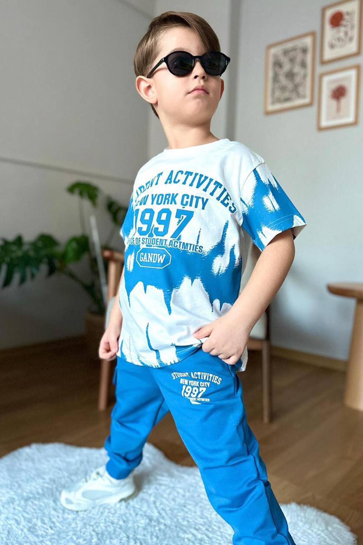 Erkek Çocuk New York City ve Yazı Baskılı T-Shirt Mavi Eşofman Takım