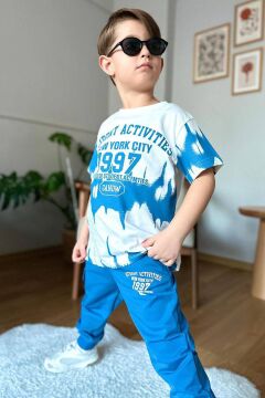 Erkek Çocuk New York City ve Yazı Baskılı T-Shirt Mavi Eşofman Takım