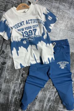 Erkek Çocuk New York City ve Yazı Baskılı T-Shirt Mavi Eşofman Takım