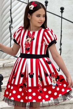 Kız Çocuk Mickey Baskılı Çizgi Detaylı Tüllü Kırmızı Elbise
