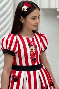 Kız Çocuk Mickey Baskılı Çizgi Detaylı Tüllü Kırmızı Elbise