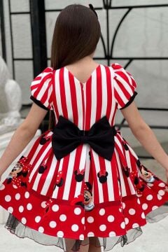 Kız Çocuk Mickey Baskılı Çizgi Detaylı Tüllü Kırmızı Elbise