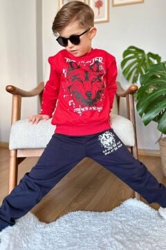 Erkek Çocuk The Hunter Yazı ve Kurt Detaylı Kırmızı Eşofman Takım
