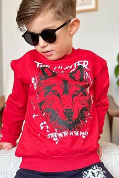 Erkek Çocuk The Hunter Yazı ve Kurt Detaylı Kırmızı Eşofman Takım