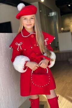 Kız Çocuk Boydan Yakası İnci Taş İşlemeli Şal Detaylı Kemerli Kırmızı Kaşe